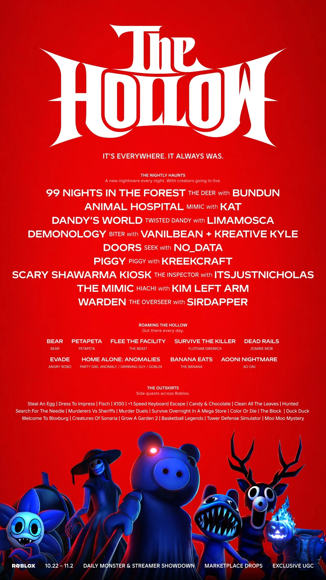 The Hollow event poster listing the nine Nightly Haunts with their creators, the nine Roaming The Hollow games and the Outskirts roster