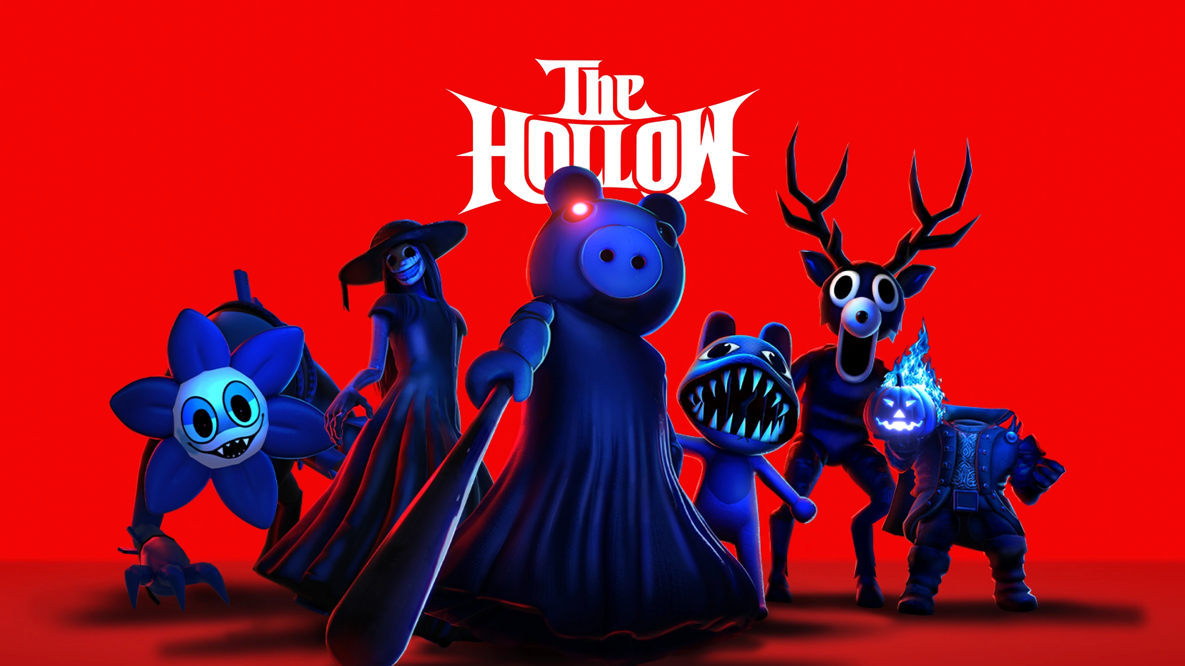 Key art for The Hollow: six blue-lit monsters posed under the game logo on a red background